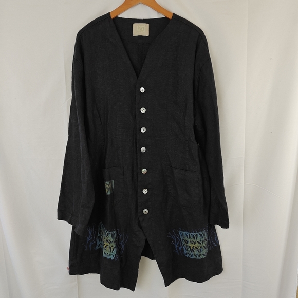 VTG Blue Fish RARE 100% Linen Hand Printed Coral Button Up Black Shirt Size 1 - Picture 1 of 15